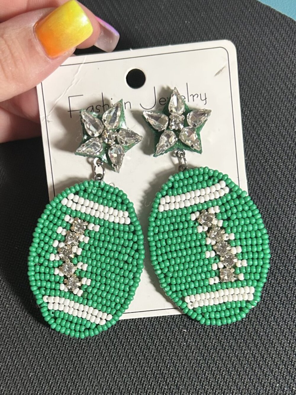 Green Seed Bead Football Dangle Earrings Rhinestone Star Post NWT
